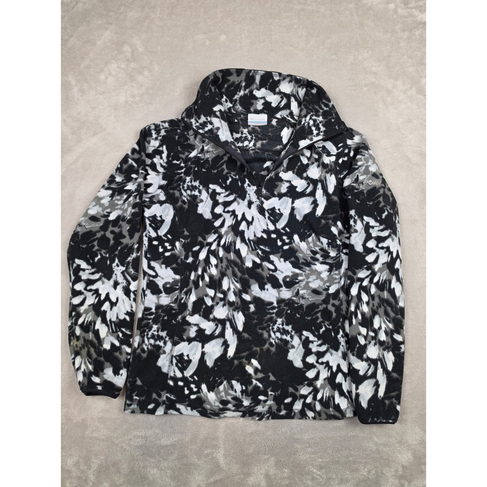 Columbia Fleece Pullover Women L Black White Floral Print 1/4 Zip Mock Neck Read